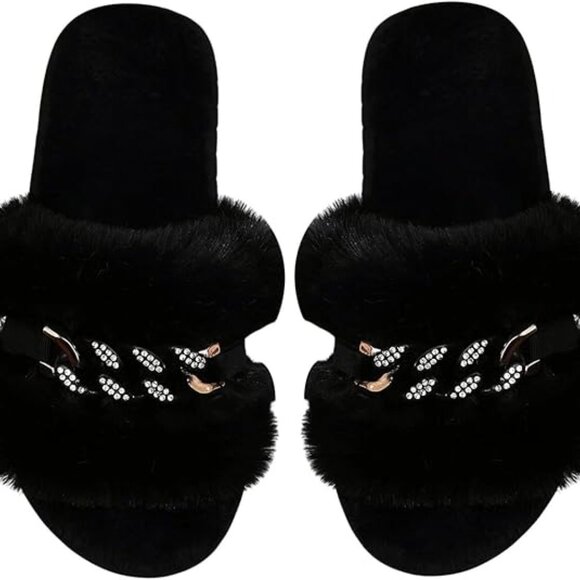 Neiman Marcus Faux Fur Women's Rhinestone Fuzzy Slippers - Picture 5 of 5